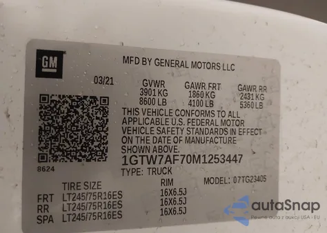 2021 GMC Savana Cargo Rwd 2500 Regular Wheelbase Work Van z USA, uszkodzony, nr VIN 1GTW7AF70M1253447